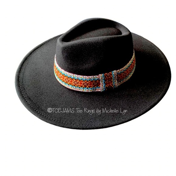 HAT Black Fedora Felt Hat Attached Tribal Print Hat Band New Cowboy Western …